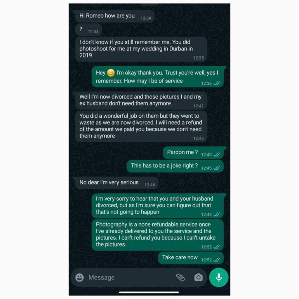 Woman demands Refund from wedding Photographer after divorcing husband; claims pictures are useless without Ex-husband 1 Woman demands Refund from wedding Photographer after divorcing husband
